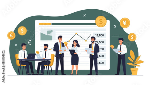 Business Team Analyzing Financial Growth with Charts and Coins