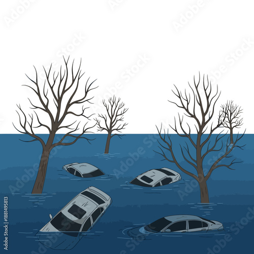 Damaged cars submerged in floodwaters with bare trees, illustration