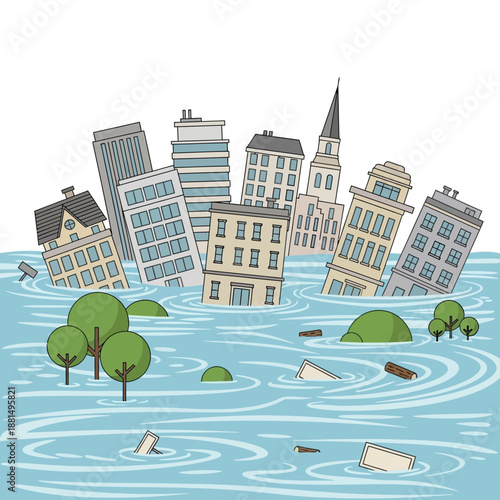 City flooded, buildings submerged in water, natural disaster concept