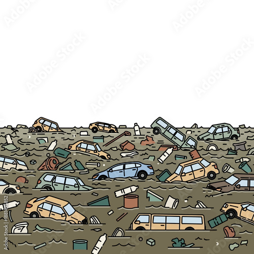 Flooded Cityscape with Sinking Cars and Debris