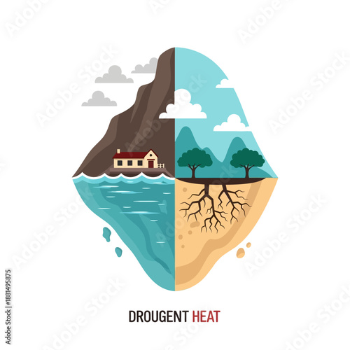 Drought vs Lush Landscape Icon: Dry Arid Land vs Fertile Green Earth
