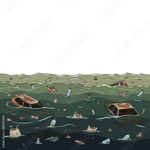 Polluted Ocean with Sunken Cars and Plastic Waste