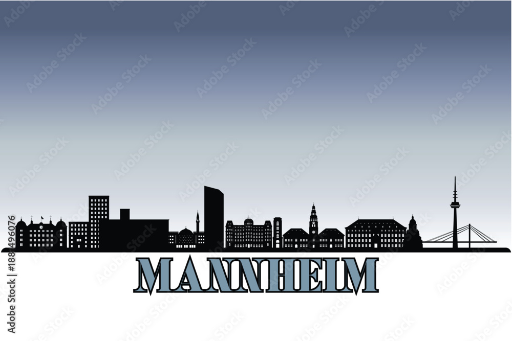 Obraz premium Global city Mannheim shown in a detailed vector skyline with grey rainy sky