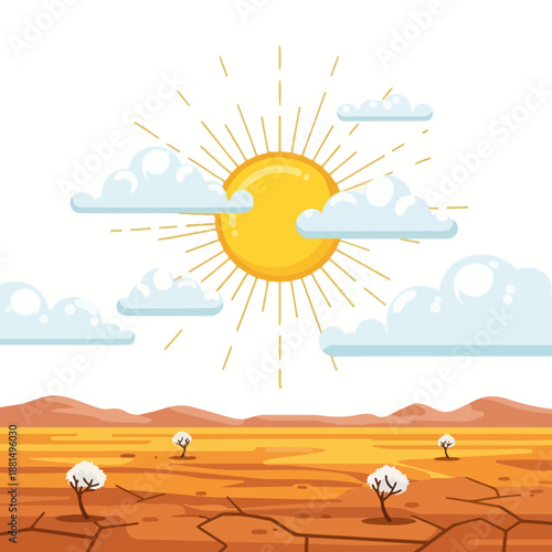 Sunny desert landscape with cracked earth and sparse trees
