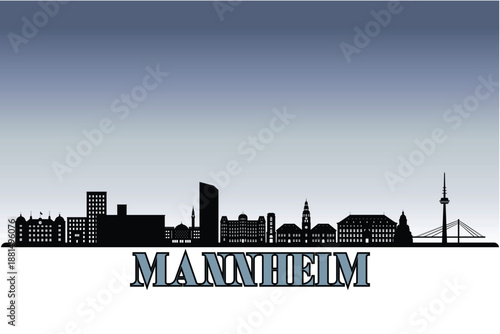 Global city Mannheim shown in a detailed vector skyline with grey rainy sky