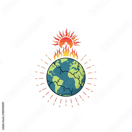 Cracked Earth Planet Under Fiery Sun, Global Warming Concept