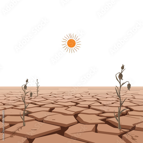 Arid Landscape with Cracked Earth, Dry Plants, and Sun