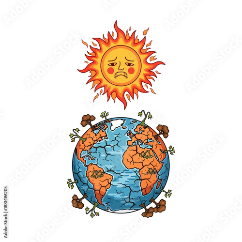 Sad Sun Burning Earth Planet, Global Warming, Climate Change Illustration