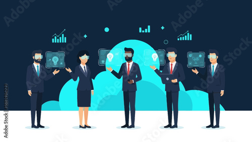 Business Team Using VR Headsets for Virtual Reality Meetings and Data Analysis