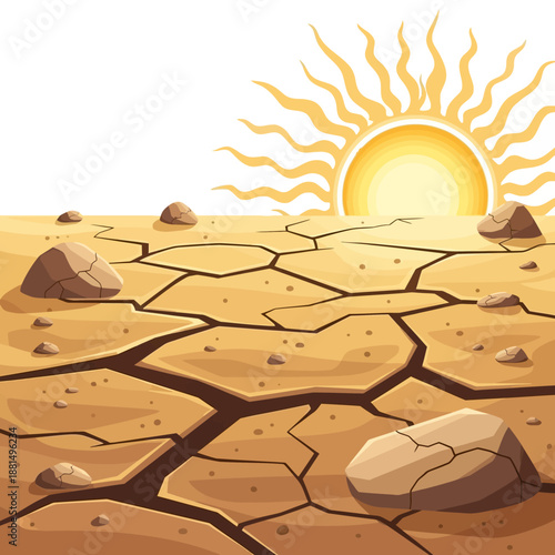 Cracked Dry Earth Under Blazing Sun, Barren Landscape with Rocks, Drought Concept