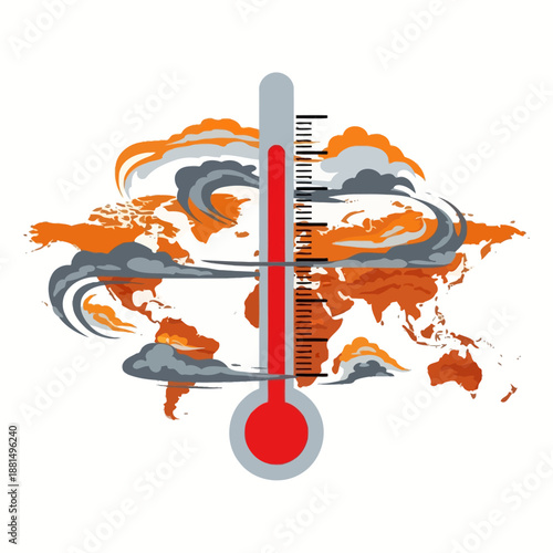 Global warming thermometer and world map with smoke clouds, climate change concept
