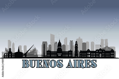 Global city Buenos Aires shown in a detailed vector skyline with grey rainy sky