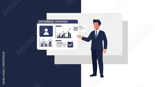 Businessman analyzing enterprise overview data charts and graphs on digital screen