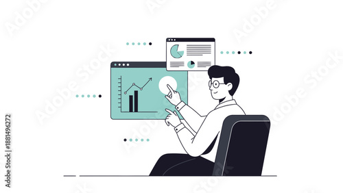 Businessman Analyzing Financial Data on Interactive Screens