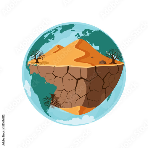 Cracked Earth Planet: Desert Landscape with Arid Trees and Sand Dunes
