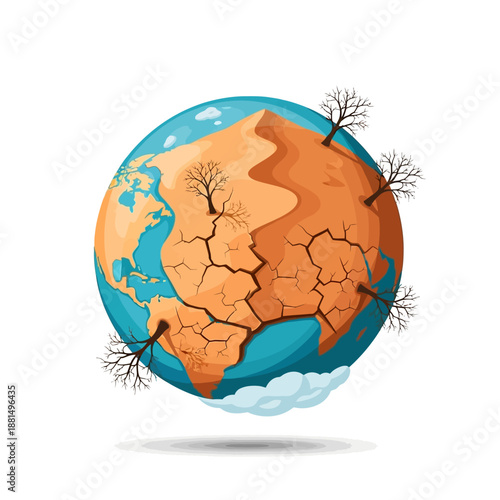Earth planet suffering from drought, cracked dry land and dead trees, climate change concept.