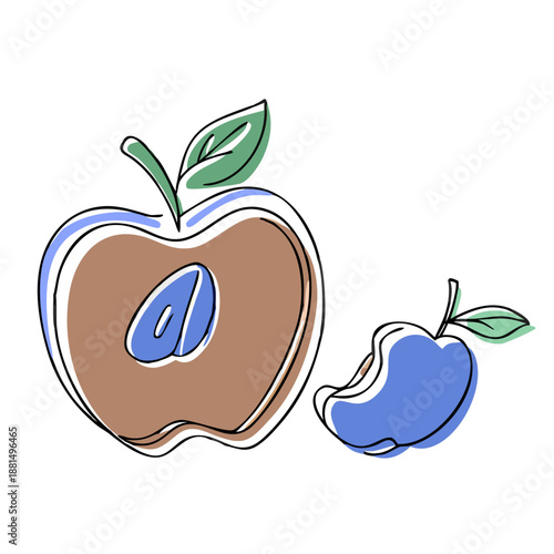 Outline of an apple and a bite-sized piece in minimalist style  