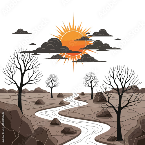 Arid Landscape with Winding River and Barren Trees Under Harsh Sun