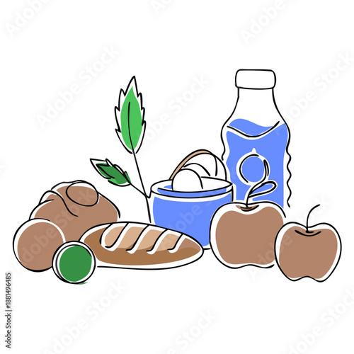 Food items including bread, apples, and a drink in colorful style  