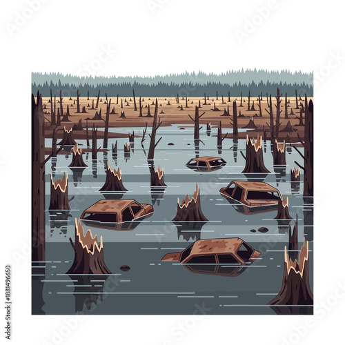Wasteland Car Swamp: Abandoned Vehicles in Polluted, Dead Forest