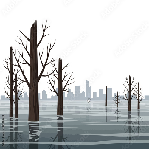 Flooded Cityscape with Dead Trees and Skyline Reflection