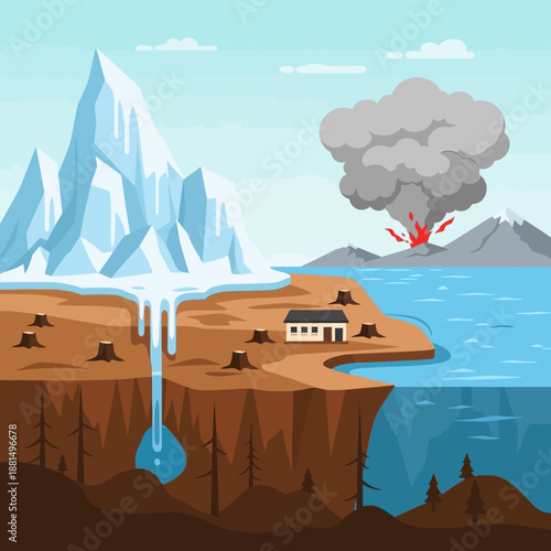 Climate Change: Melting Iceberg vs Volcanic Eruption, Deforestation