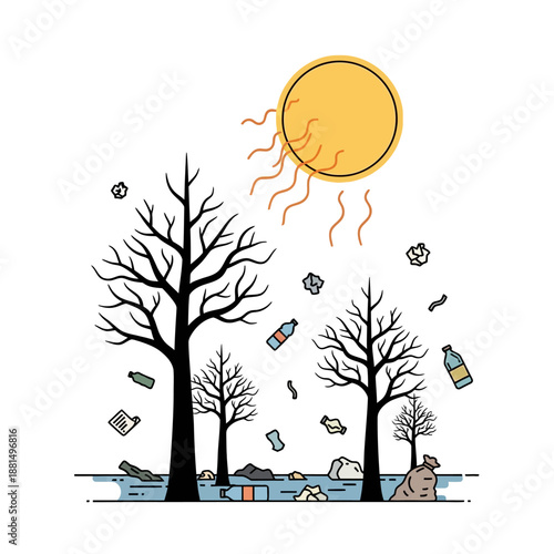 Polluted landscape with dead trees, trash, and hot sun.
