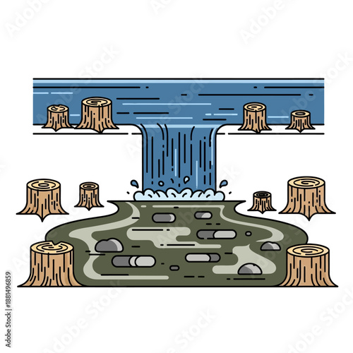 Deforestation Impact: Waterfall Cascading into Polluted River Surrounded by Tree Stumps