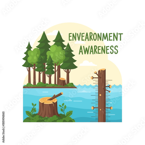 Deforestation Concept: Chopped Trees and Environmental Awareness Text