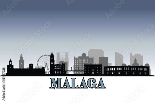 Global city Malaga shown in a detailed vector skyline with grey rainy sky