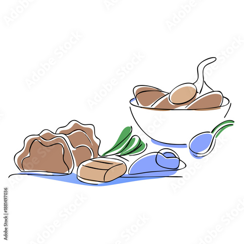 Illustrated bowl of meat with vegetable garnishes and sauces  