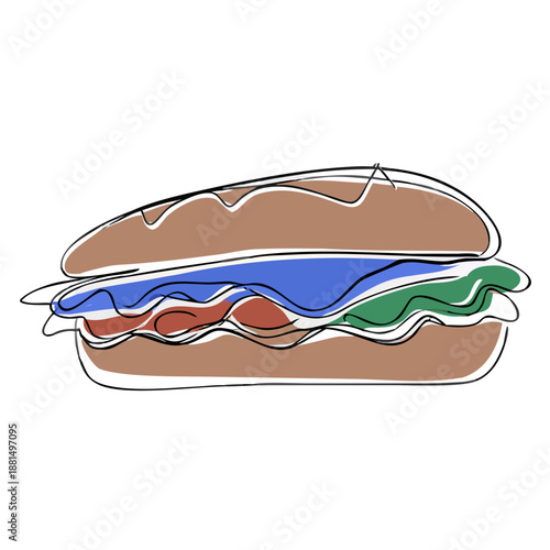 Line art of a sandwich with vegetables and fillings on white background  