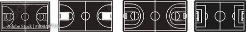 A series of basketball court layouts, showcasing different configurations and designs for playing the sport.