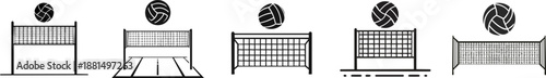A series of stylized volleyball nets and a ball, depicting various positions and perspectives of volleyball play.