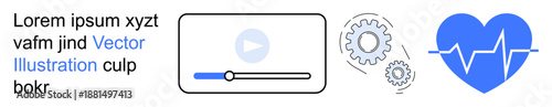 Media technology, healthcare, app interface, streaming services, system optimization, diagnostics. Player progress bar, gears blue heart with pulse. Media technology and healthcare concepts