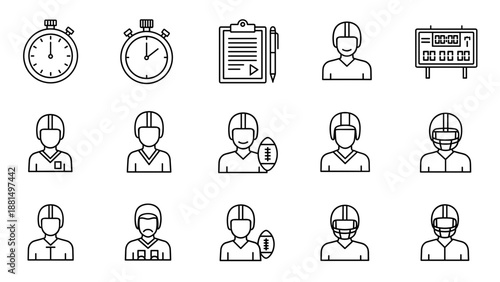 Set of American Football Player Icons with Sports Equipment and Accessories.