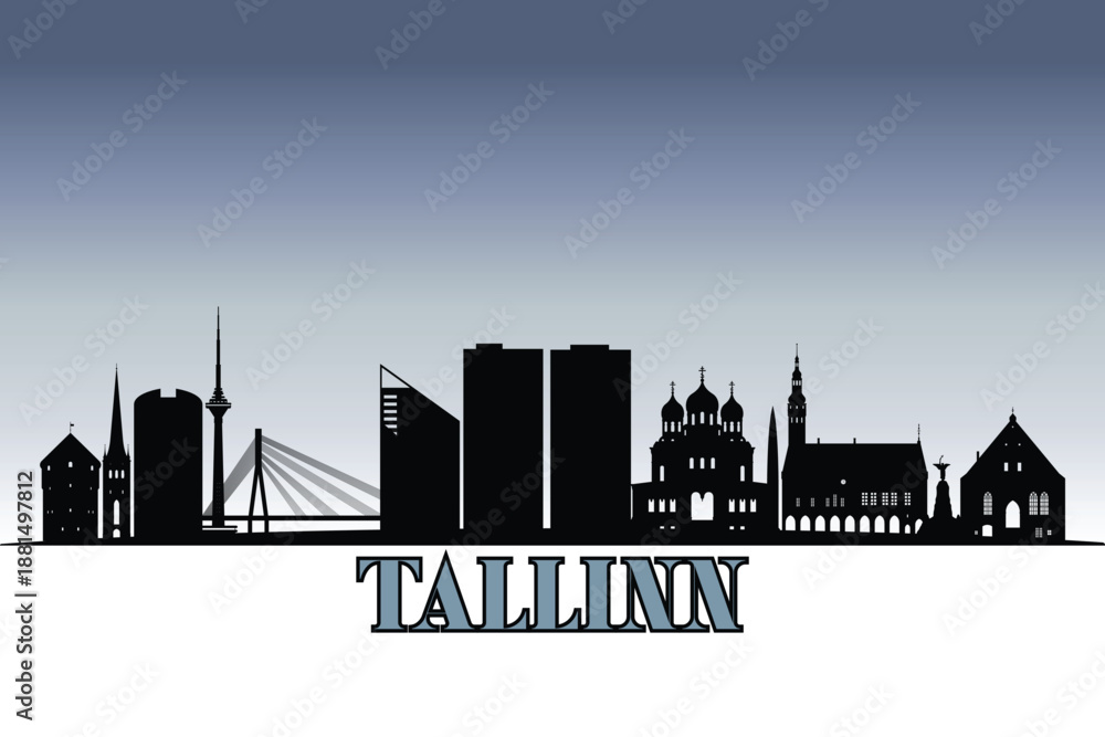 Fototapeta premium Global city Tallinn shown in a detailed vector skyline with grey rainy sky