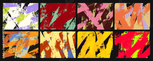 Grunge roller texture set. Abstract paint brayer stripe backgrounds with distressed grain and rough print effect.