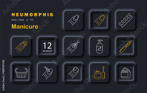 Manicure set icon. Nail, polish, file, cream, buffer, tool, finger, brush, gel, bottle, separator, drill in outlined neumorphic nail care style.