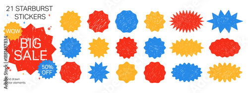 Hand drawn starburst badge collection with crayon scribble texture. Promo badges in different burst shapes for sale and discount design.