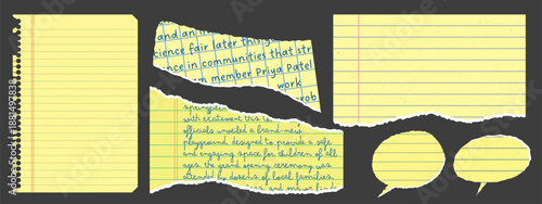Torn vintage notebook page set. Old yellow paper sheet with a rough tear. 