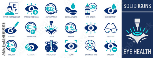 Eye health icons set. Showing ophthalmology, vision examination, eye diseases, treatment, and optical care. Solid icons collection.