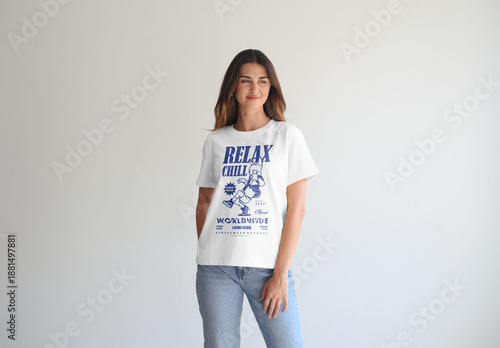 Mockup Of Woman Wearing Customized T-Shirt In Studio