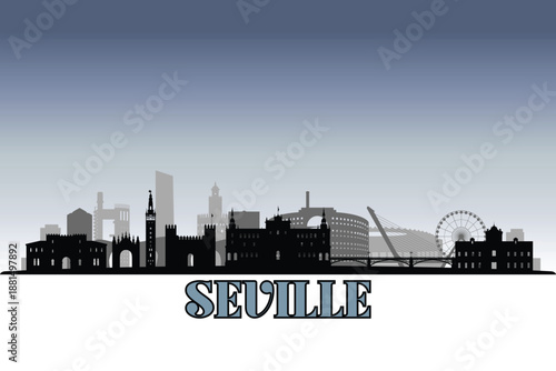 Global city Seville shown in a detailed vector skyline with grey rainy sky