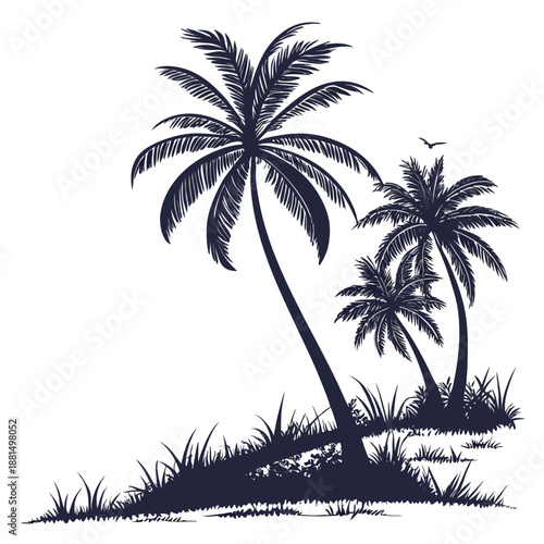 Tropical island paradise beach landscape featuring a palm tree silhouette against a summer sun and sea ocean travel illustration vector design