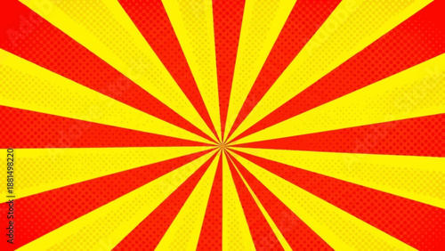 Red sunburst lines on yellow Background. Light sun rays pattern. Vintage stripes halftone radial wallpaper for poster, banner, advertising backdrop, comic or circus scene