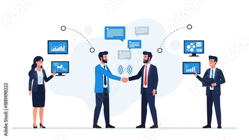 Business handshake agreement, teamwork and data analysis illustration