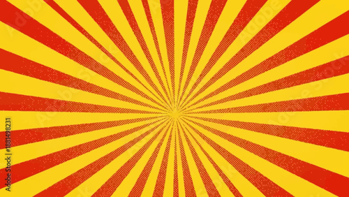 Red sunburst lines on yellow Background. Light sun rays pattern. Vintage stripes halftone radial wallpaper for poster, banner, advertising backdrop, comic or circus scene