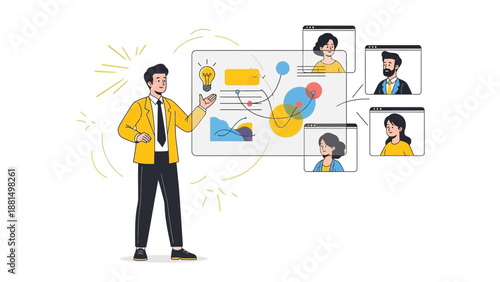 Business meeting presentation with remote team via video conference