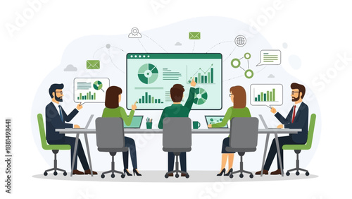 Business Meeting with Data Analysis Presentation on Screen